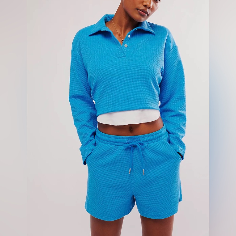 Free People Waverles Recycled Waffle Shorts Set in Blue